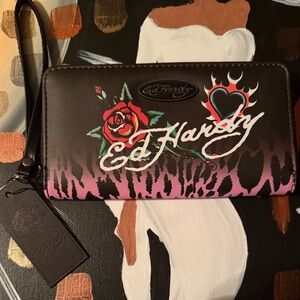 Ed Hardy Black Pink Rose Heart Zip-Around Wallet